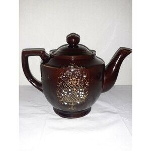 Vtg. Brown Moriage 1940s Handpainted Floral Teapot and Lid Gold Trim Japanese